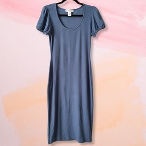 Planet Gold Blue Rib Knit Fitted Puff Sleeve Dress